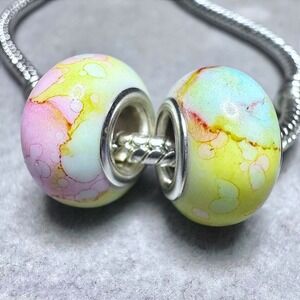 Yellow and Pink Pastel Spacer Beads Set Watercolor Swirls Fits Pandora Bracelet